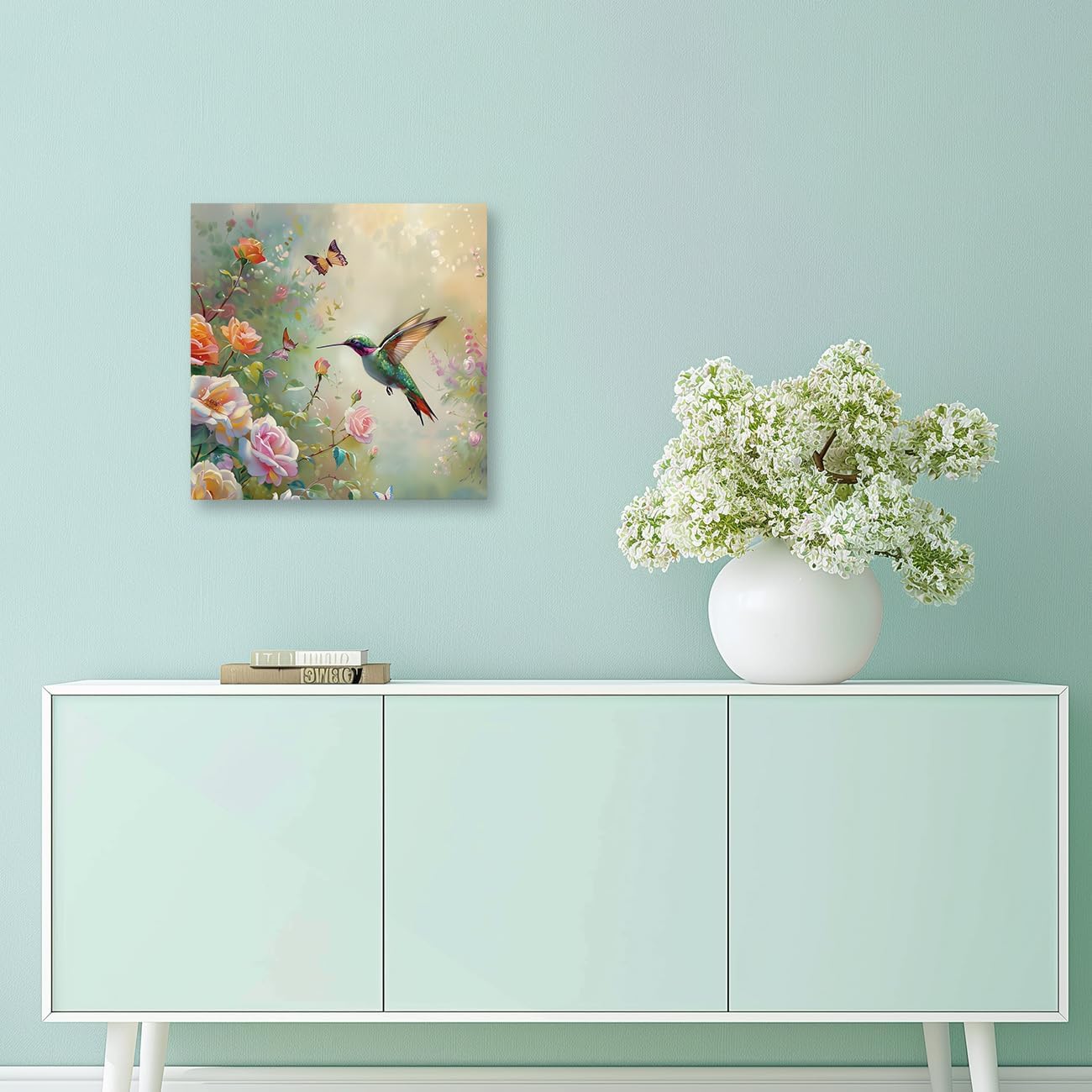 PBXBJY Hummingbird Wall Art Bird Canvas Prints Hummingbird with Floral Pictures Watercolor Animal Painting Poster Bathroom Bedroom Office Decor Frame (16L x 16W) Purple 16"L x 16"W