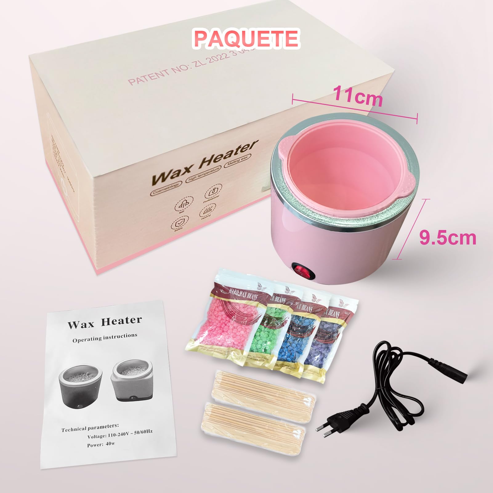 Mini podgrzewacz do wosku do depilacji, maszyna do depilacji gorącym woskiem z silikonowym pojemnikiem 200 ml, kompletny zestaw 4 torebek z woskową perłą, 20 szpatułek (różowy, okrągły)