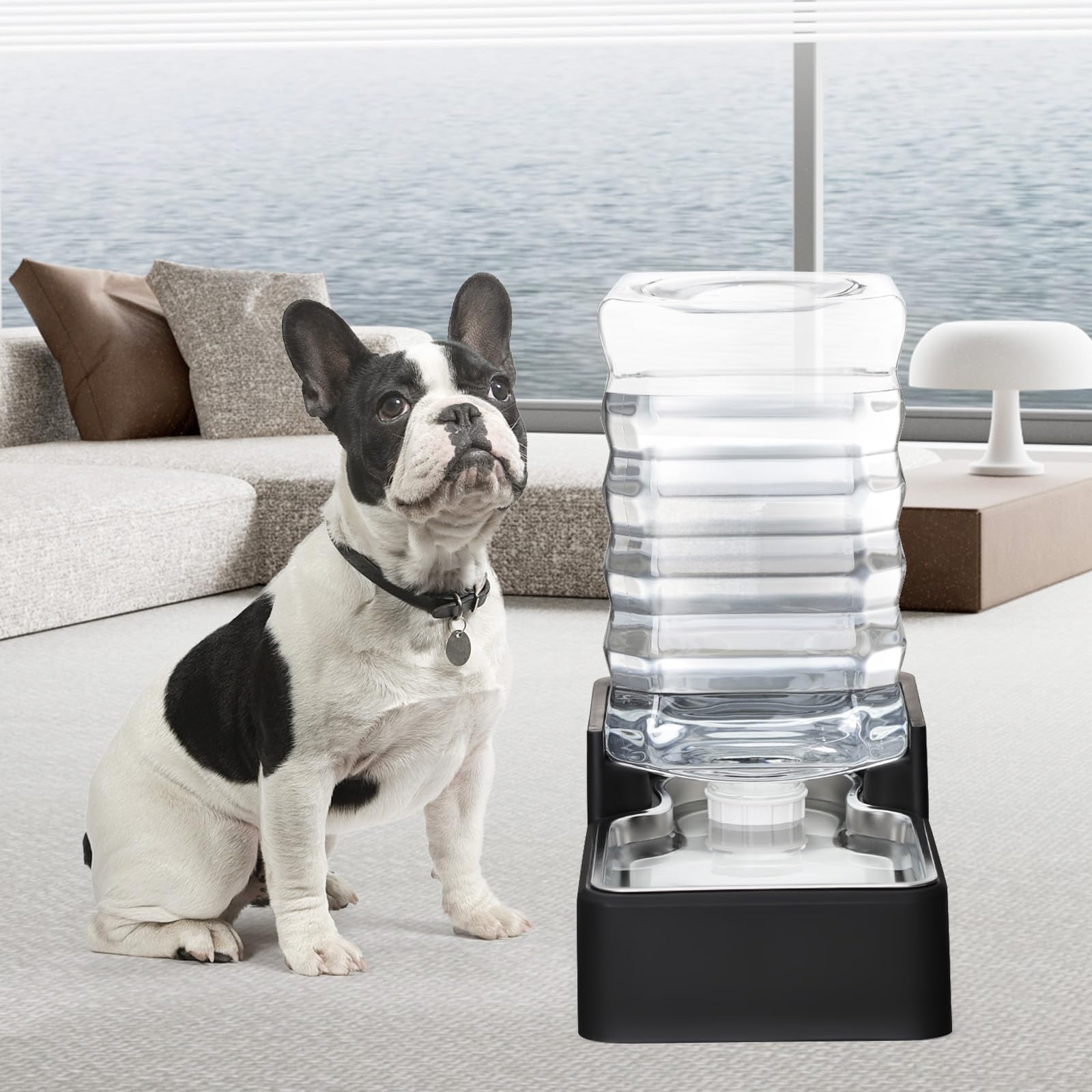 RIZZARI Dispensador de agua para mascotas de acero inoxidable: cuenco automático de gravedad a prueba de fugas de 8 L, grande para gatos, perros, uso en interiores y exteriores (negro sin filtro, 8 L)