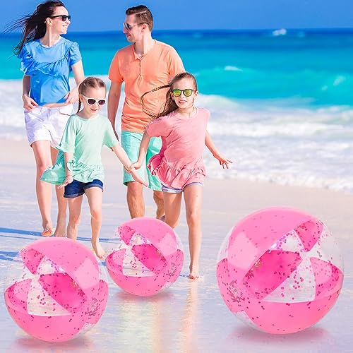 Miniatura 4 de TURNMEON 5 bolas de playa con purpurina, lentejuelas de 24 pulgadas y 16 pulgadas, bolas de playa inflables rosas para niños y adultos, pelotas de