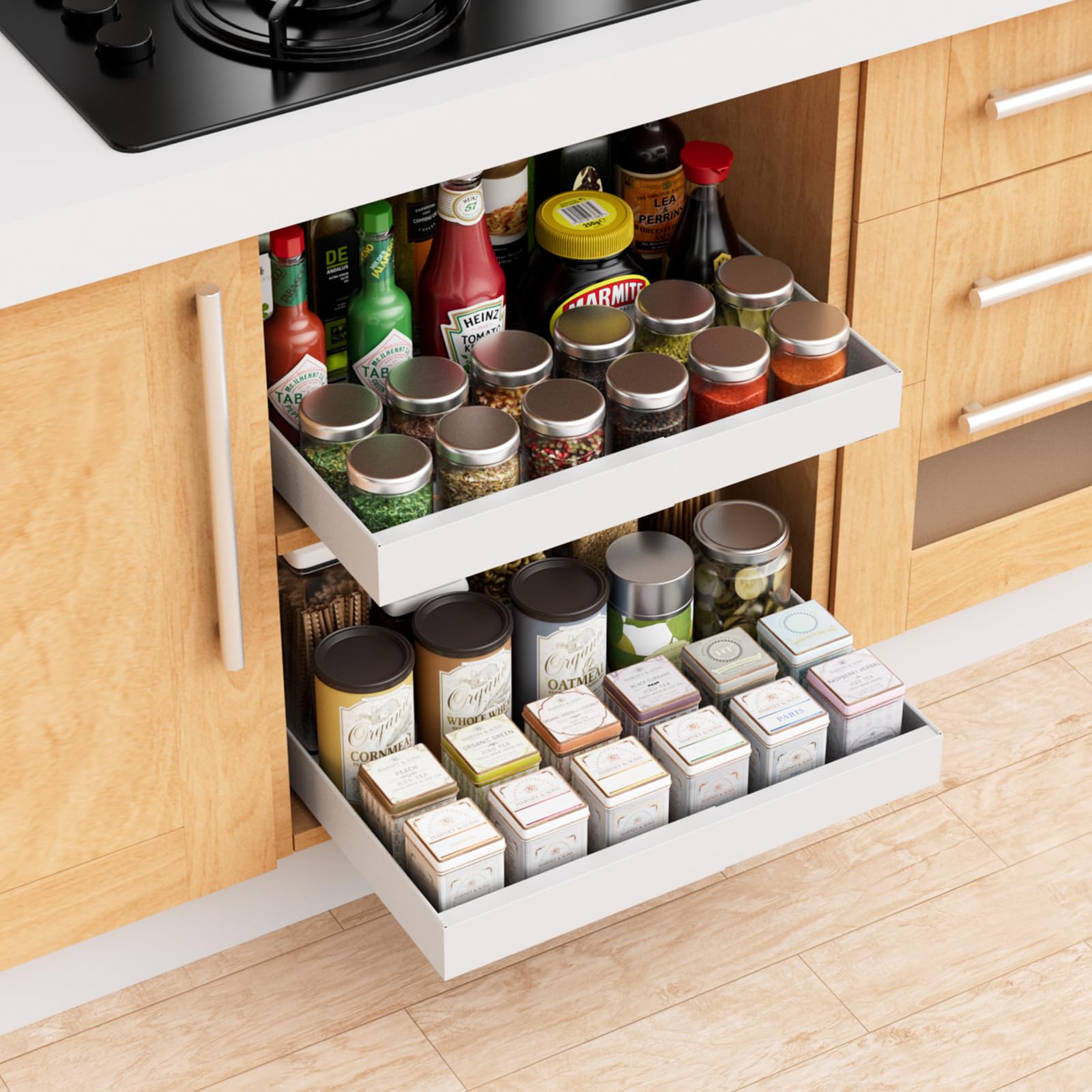 2Pack Pull Out Cabinet Organizer, 21'' Deep Cabinet Slide Out Shelves, Roll out Shelf Storage with 3 Rails, Extendable (12.4"-20.5") Slide Out Drawers for Kitchen Cabinets with Adhesive Film