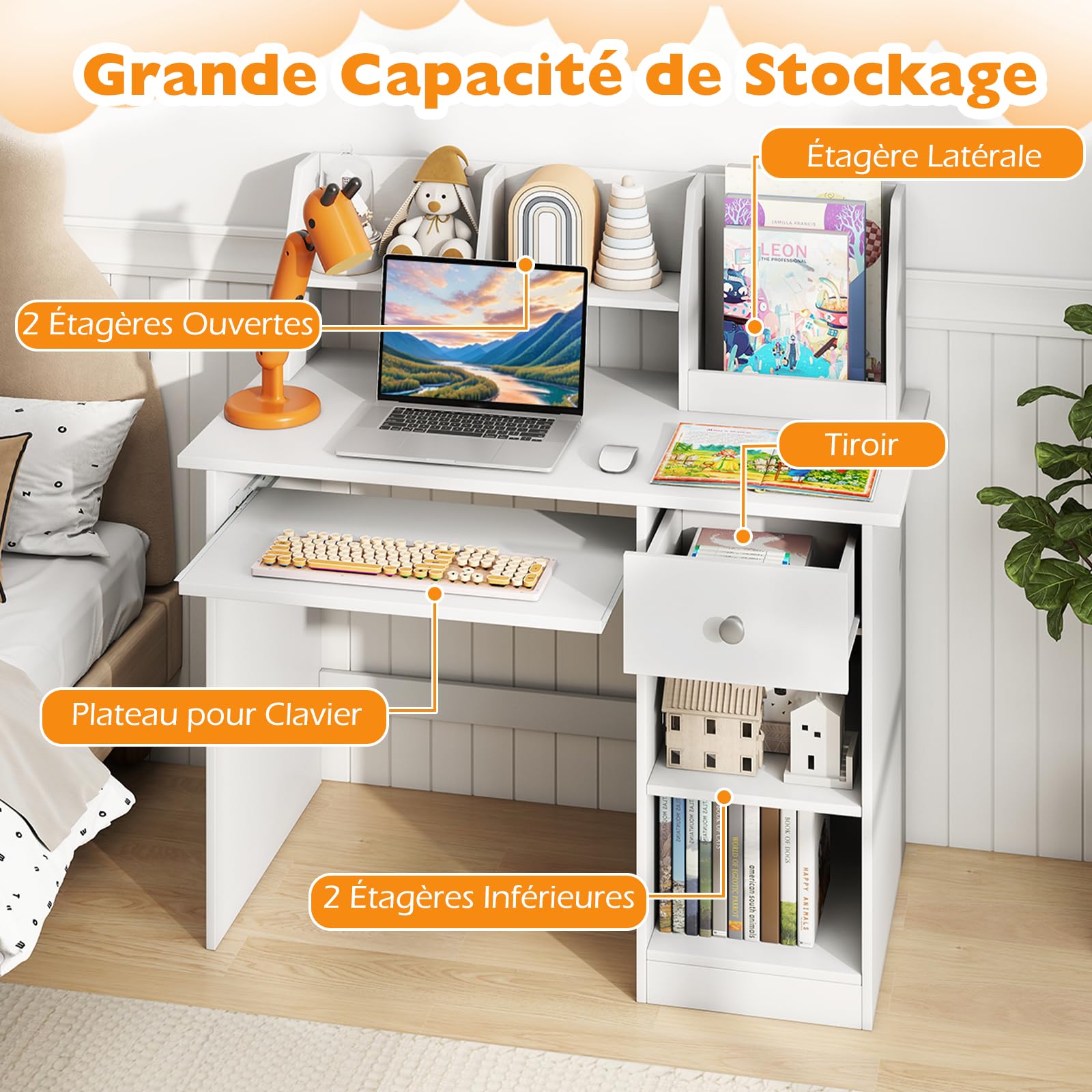 GOPLUS Bureau Enfant 3 en 1 avec Rangement, Tiroir et Étagères, Table Enfant en Bois 90x45x90CM Blanc