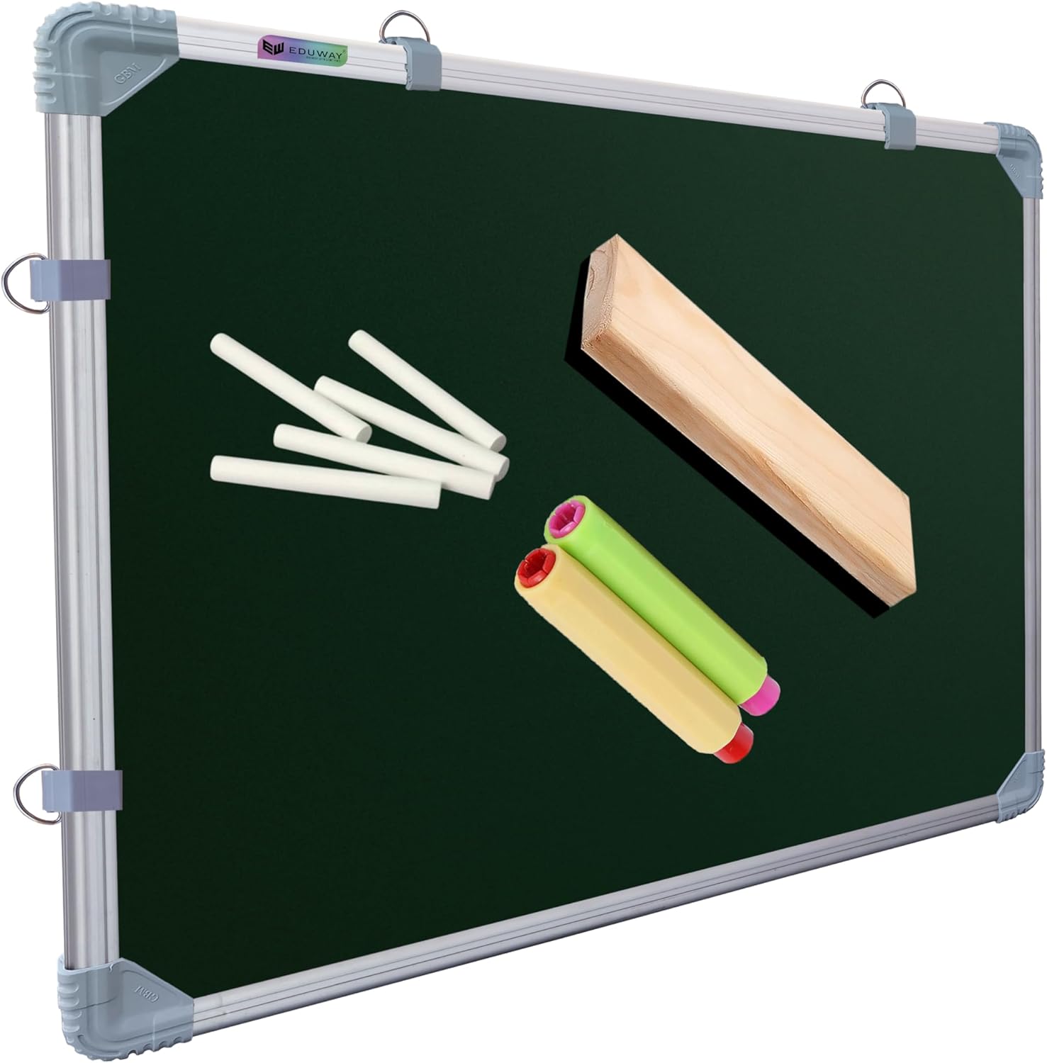 2x3 Ft. Kunj Non-Magnetic Double-Sided Chalk Board & White Board (Combo Pack) with 1 Wooden Duster, 2 Chalk Holders, 10 Non-Dust Chalk Sticks for Kids, School, Teaching, (89x59 Cms) - Green.