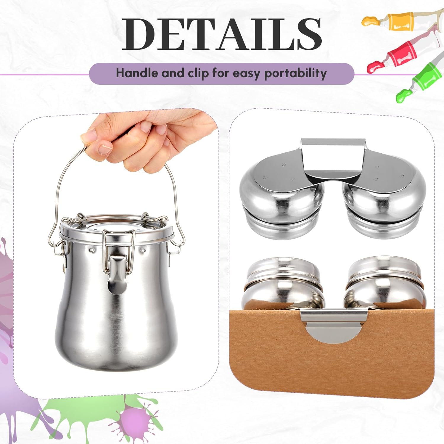 2 Pcs Paint Brush Cleaner Set Airtight Stainless Steel Double Dipper Palette Cup Portable Paint Brush Washer Holder for Oil Cleaner Kits (Large) - Image 3
