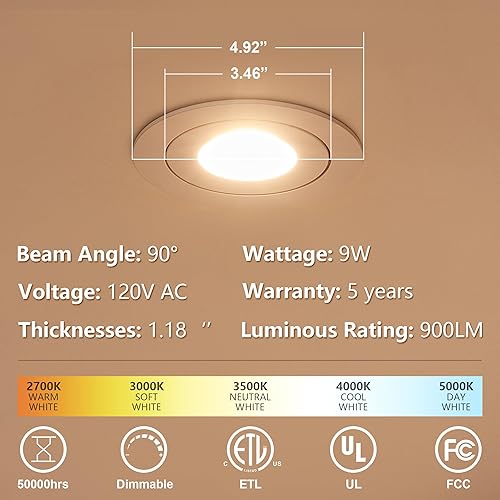 Miniatura 7 de LMP Paquete de 4 luces LED empotrables de 4 pulgadas, seleccionables 2700K3000K3500K4000K5000K, luces regulables sin lata con caja de conexiones, 10