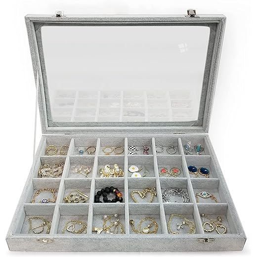 BucketList Velvet Glass Ring Earrings Box Grey