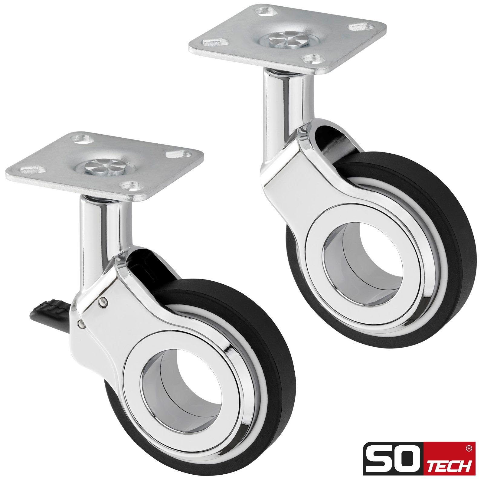 SOTECH Set Möbelrollen BERLIN Ø 60 mm chrom/schwarz 2 x mit und 2 x ohne Bremse (Feststeller) inkl. Schraubenset Belastbarkeit bis 240 kg (60 kg pro Transportrolle)