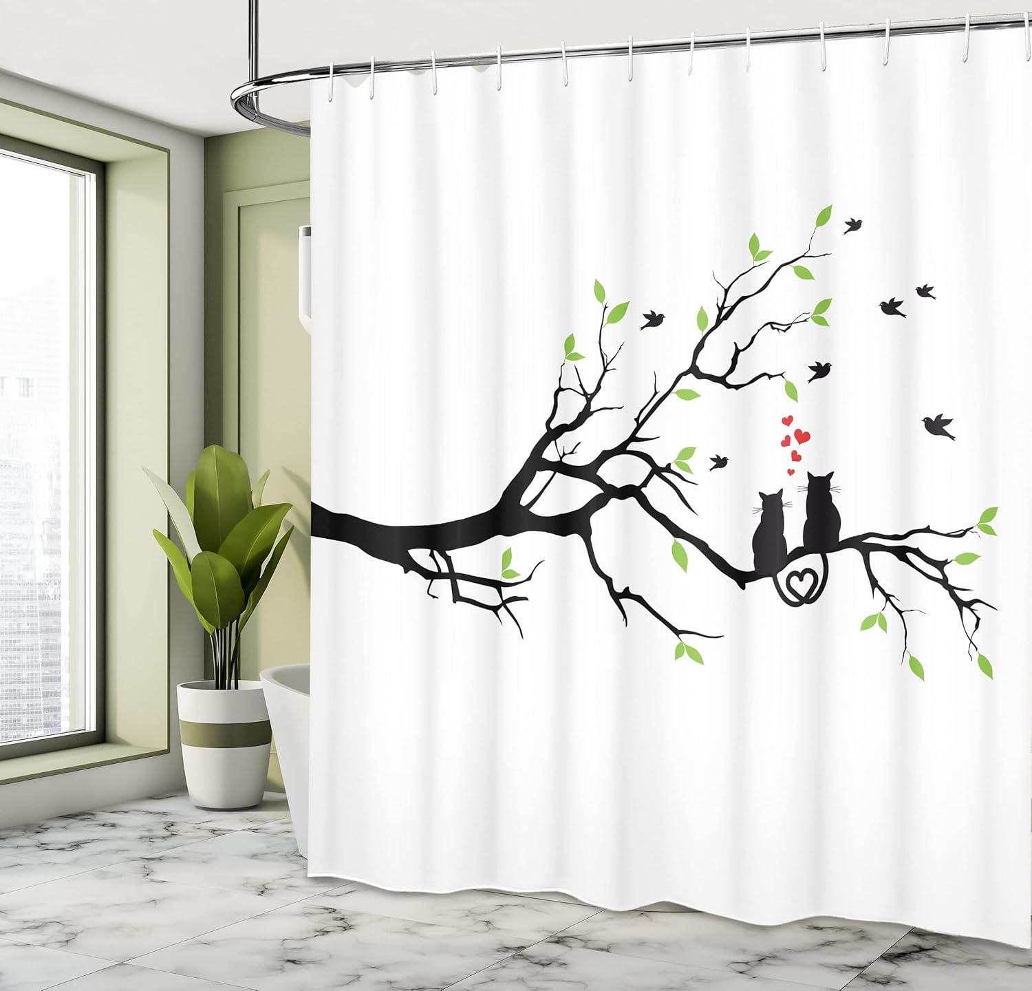 Ambesonne Cat Lover Shower Curtain, Cats in Love on Tree Branch with Flying Birds Nature Romance Illustration, Cloth Fabric Bathroom Decor Set with Hooks, 69" W x 75" L, Lime Green