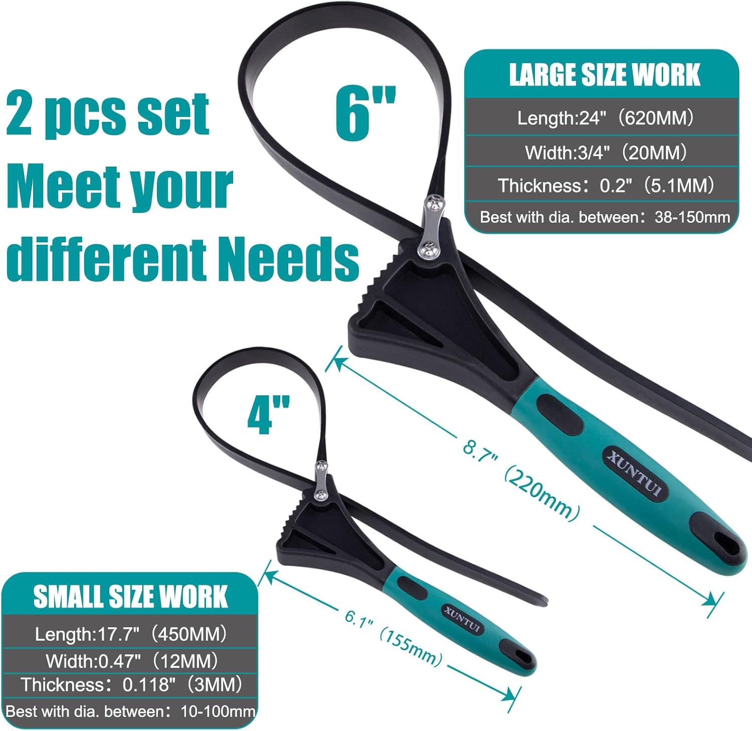 Rubber Strap Wrench Set, 2pc Adjustable Anti-Slip Belt Wrench for Plumbing, Shower Head, Faucet & Oil Filter, Heavy Duty Jar Opener Tool, Fits 4" & 6" Diameter Pipes