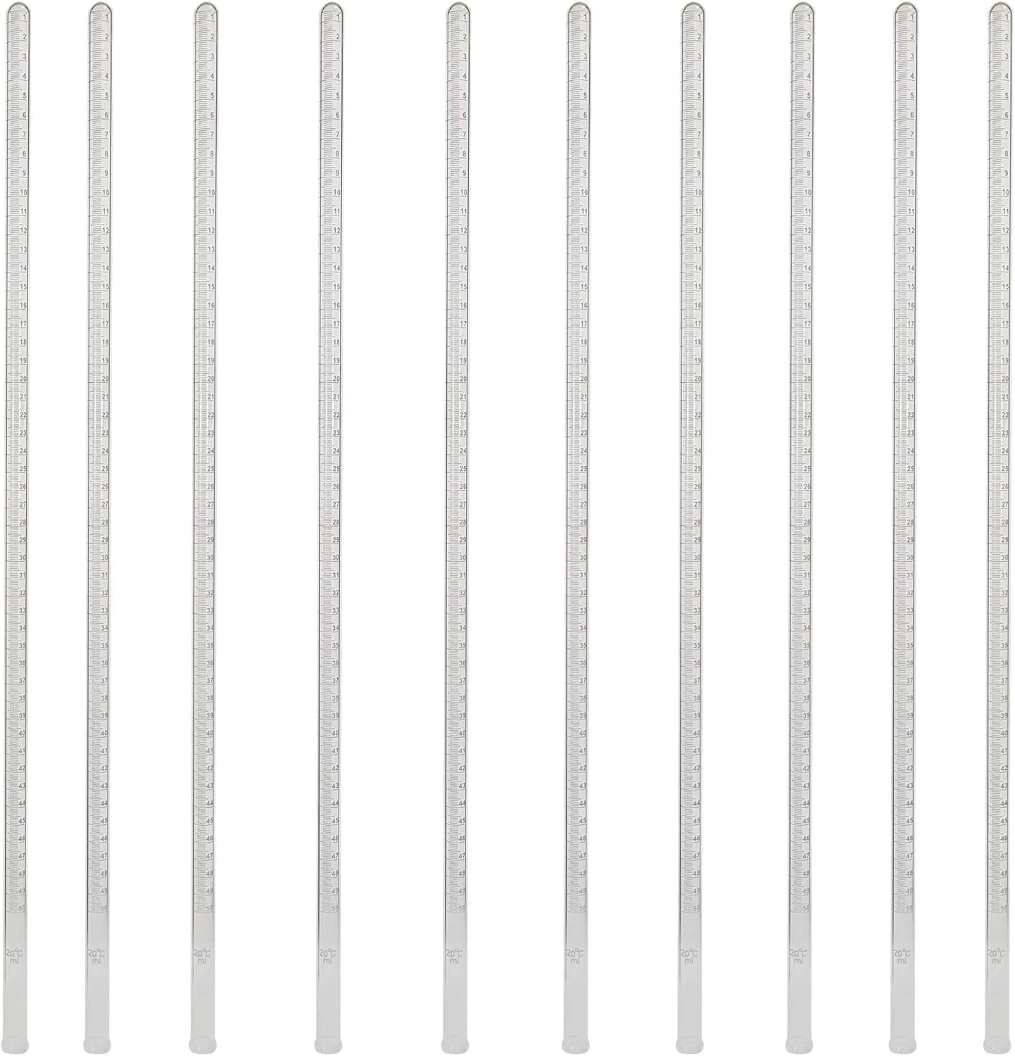 701-1-10 Gas Measuring Tubes – 50ml Capacity – Borosilicate Glass with 0.1ml Graduations – Reinforced Rim – Pack of 10 for Chemistry Experiments