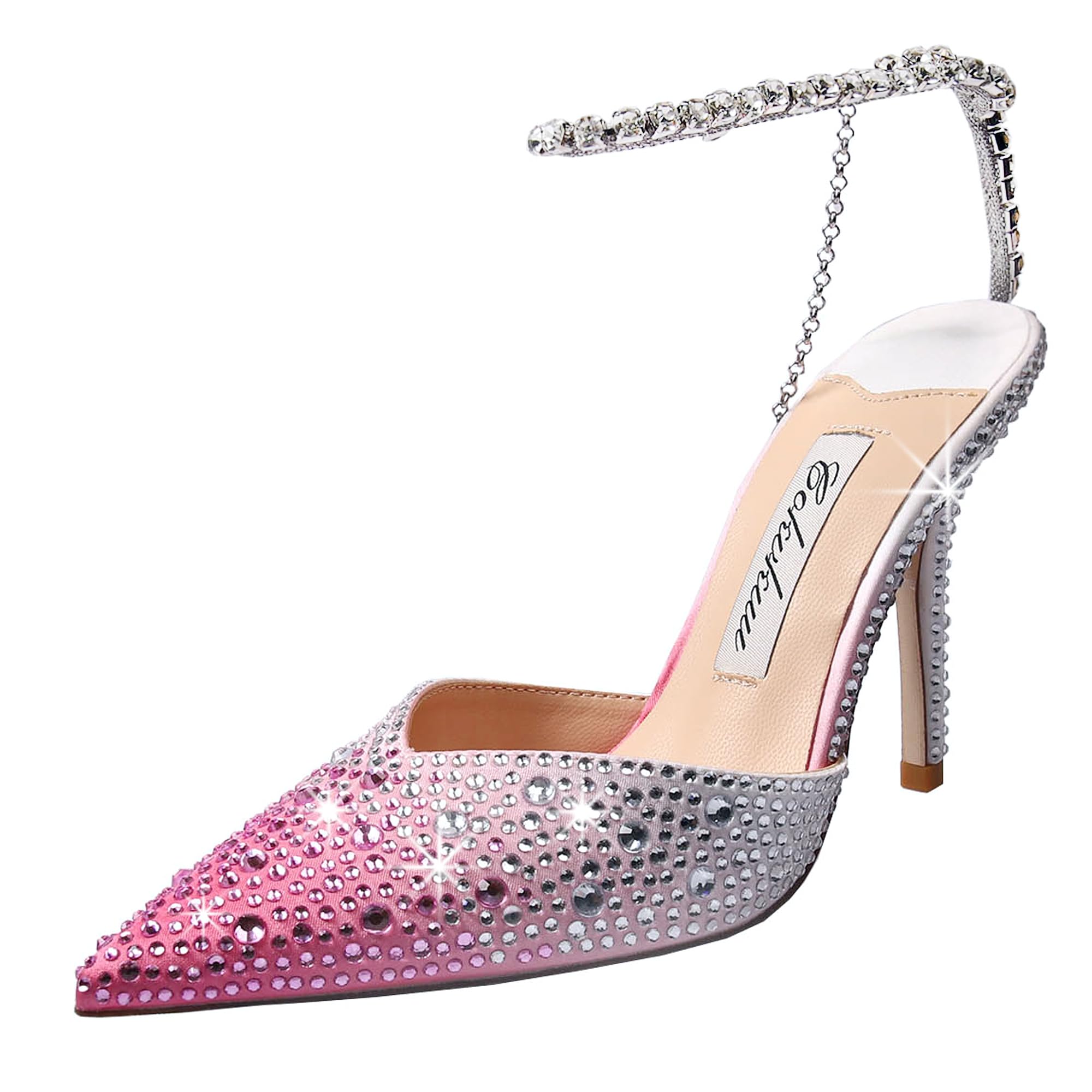 Women's Heeled Sandals Crystal Chain Ankle Straps Rhinestones Buckle High Heels Stiletto Slip On Wedding Party Satin Dress Shoes 3.9 IN