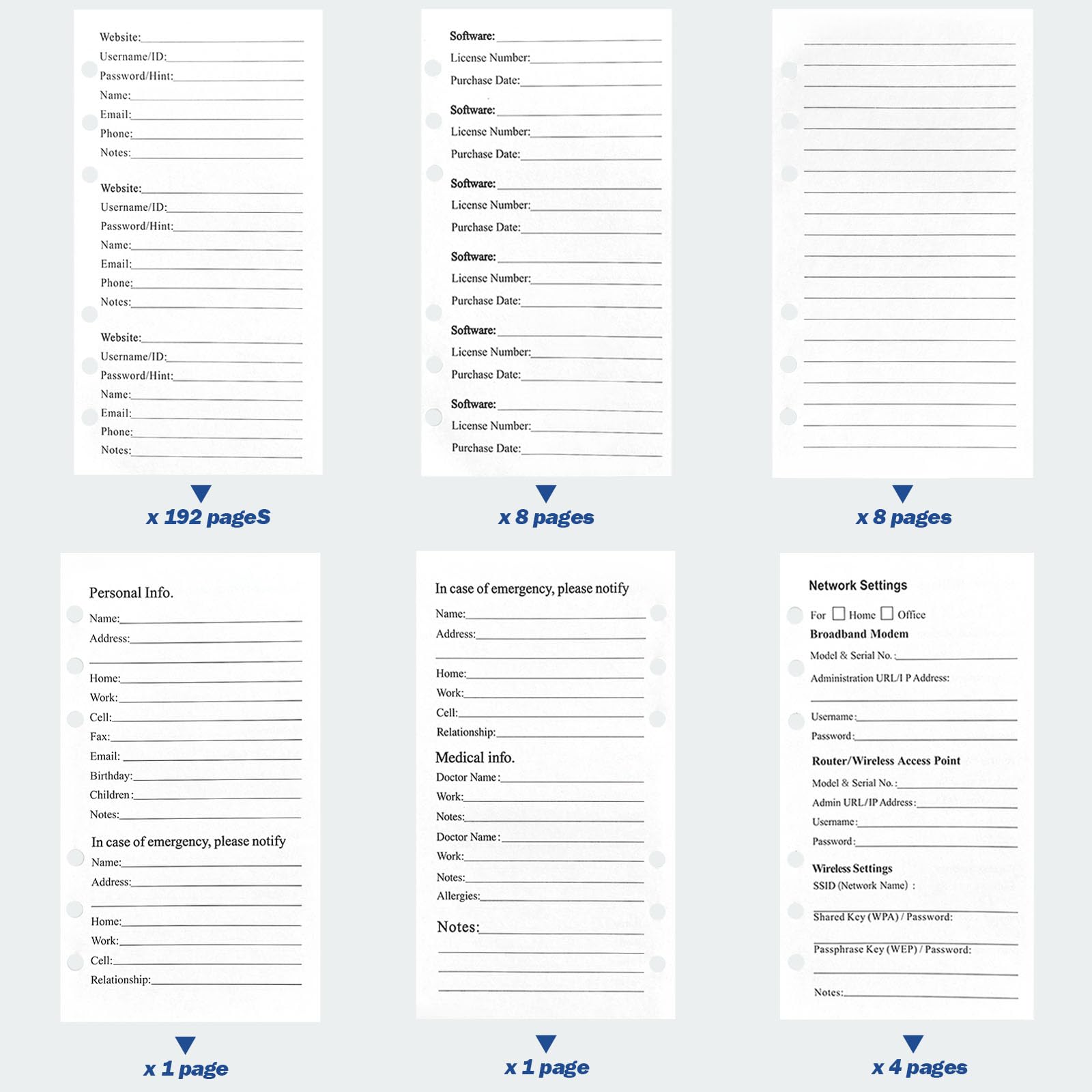 Segregator do książek z hasłami do wielokrotnego napełniania z alfabetycznymi zakładkami i zamkiem, duży nadruk 576 haseł, 316 stron, do logowania i telefonu, niebieska twarda okładka PU, 19 cm x 14