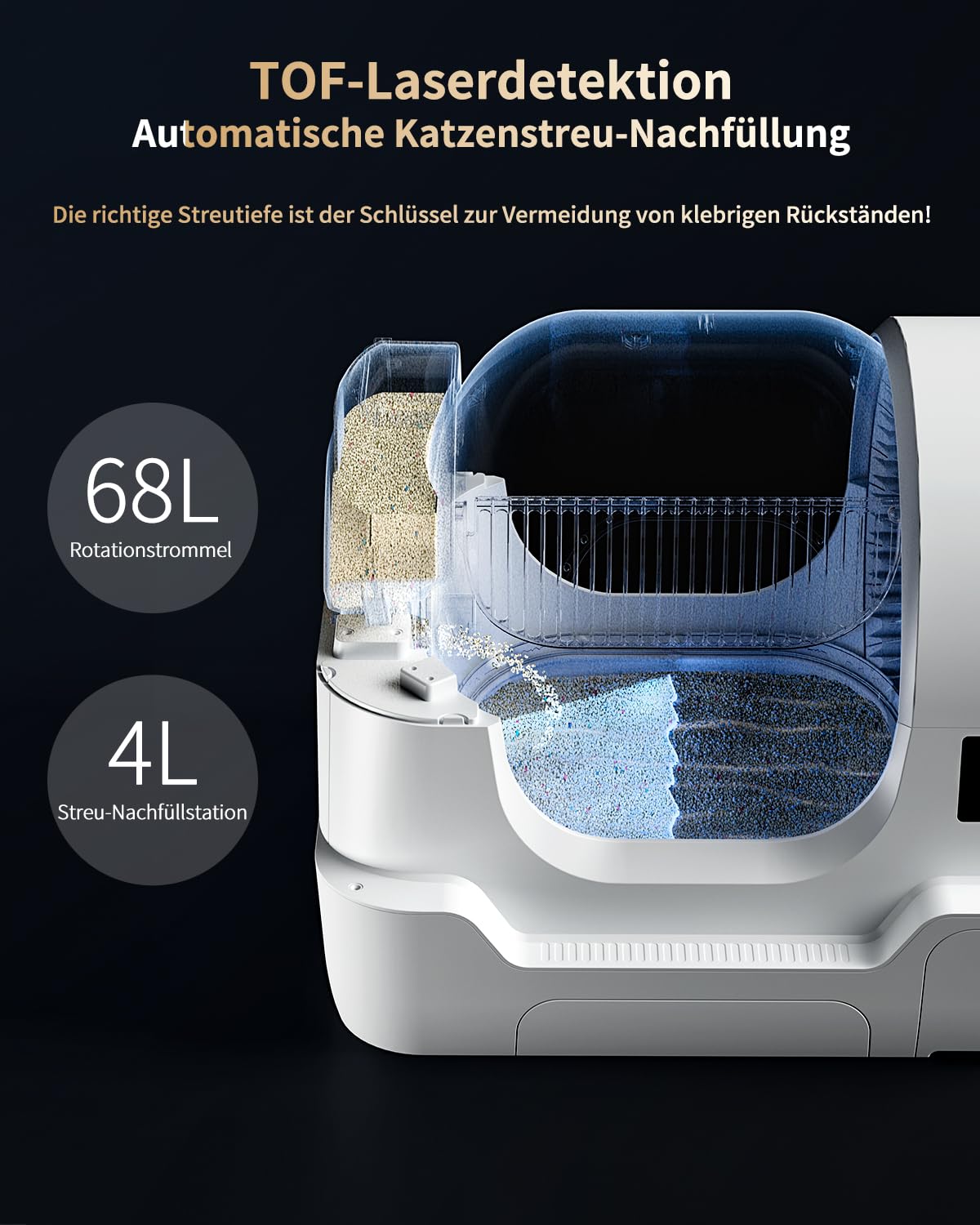 Selbstreinigendes Katzenklo, 68L automatische Katzentoilette mit App, EIN-klick-Reinigen, Geruchsstop, Sandauffüllung, Beutelwechsel, Radar-TOF-Gewichts-Sicherheitssensoren