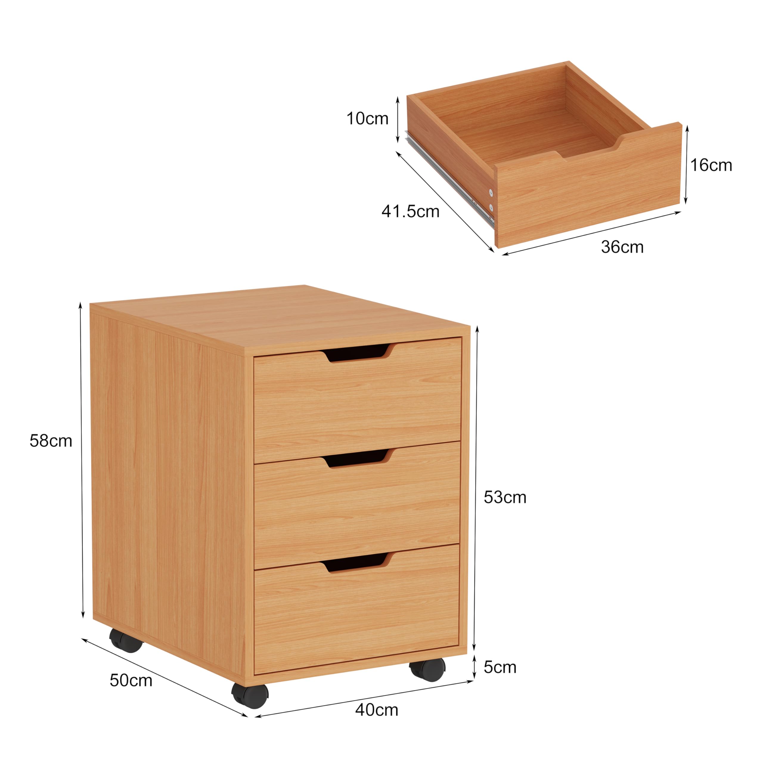 Rangement de Dossiers Mobile avec 3 Tiroirs, Caisson de Bureau en Bois, Meuble Rangement Bureau sur roulettes pour Documents, Caisson de Rangement pour Bureau à Domicile, non Verrouillable, Hêtre