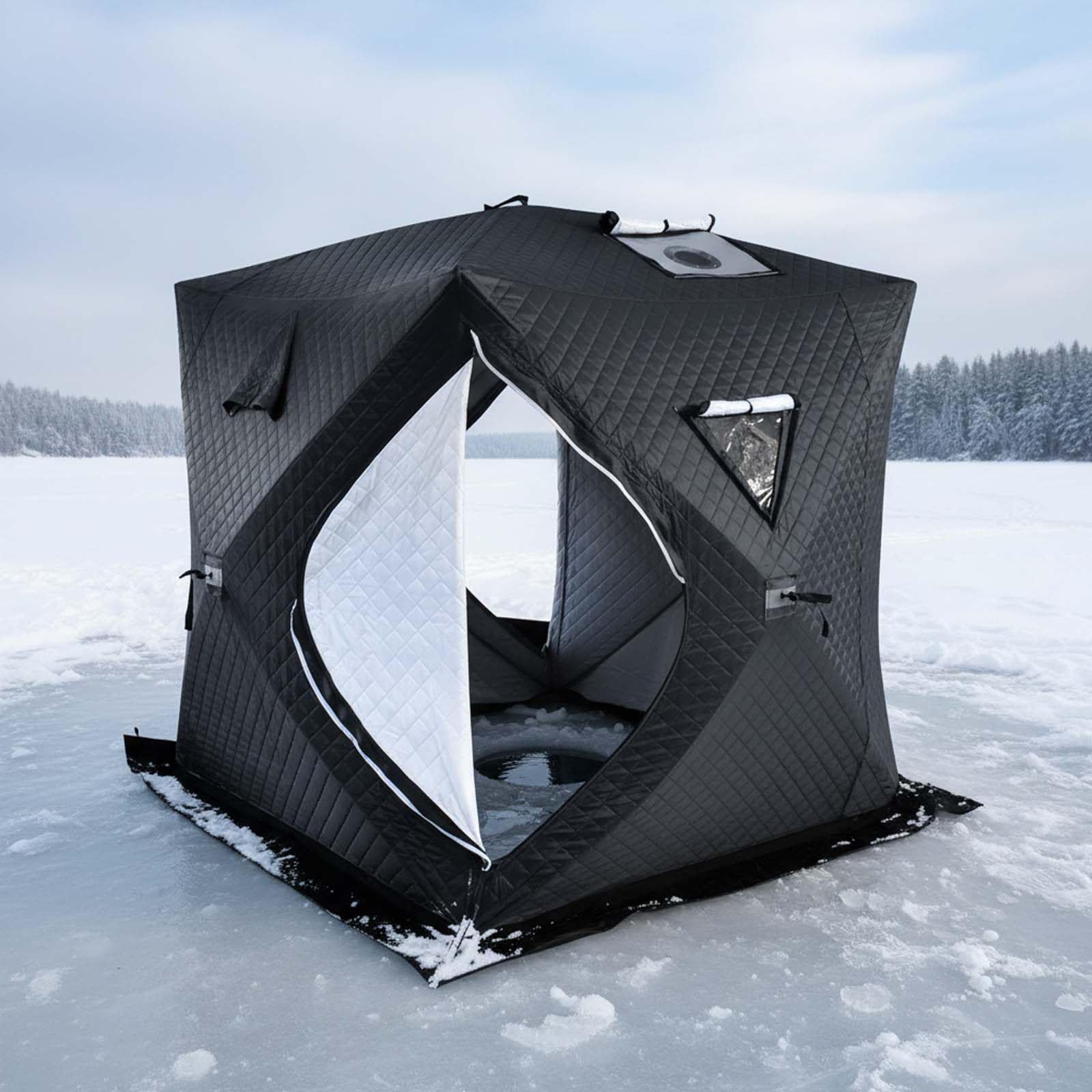 Pop-up namiot wędkarski na lód z podnośnikiem kuchennym, izolowane, termiczne, przenośne schronienie na zimę, duże okna, 1,8 x 1,8 x 2,1 m, z matą do łowienia pod lodem i wiatroszczelnymi linami