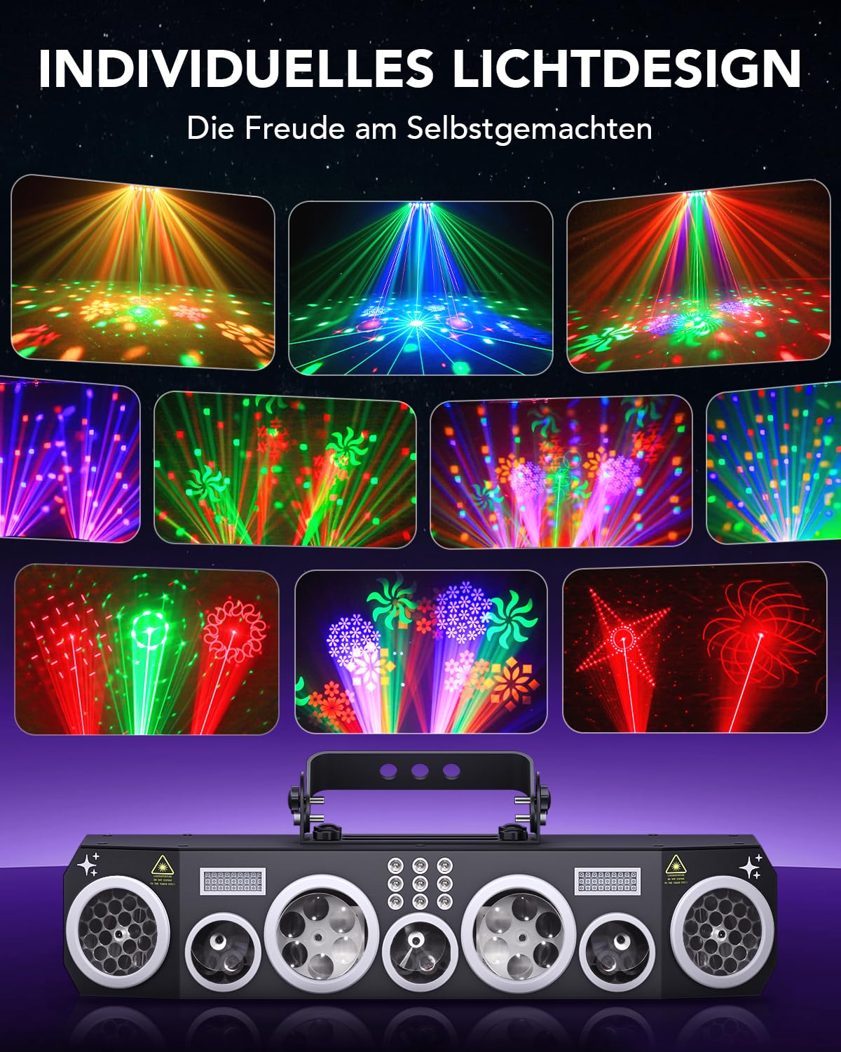 KeoBin All-in-One Schneeflocken Discolicht partylicht mit RGB & UV | Rotierende Muster, Musiksteuerung, Strobe, 3 Soundmodi, 4 Auto-Programme, DMX512, Party, Bar, Club & Weihnachtsdeko