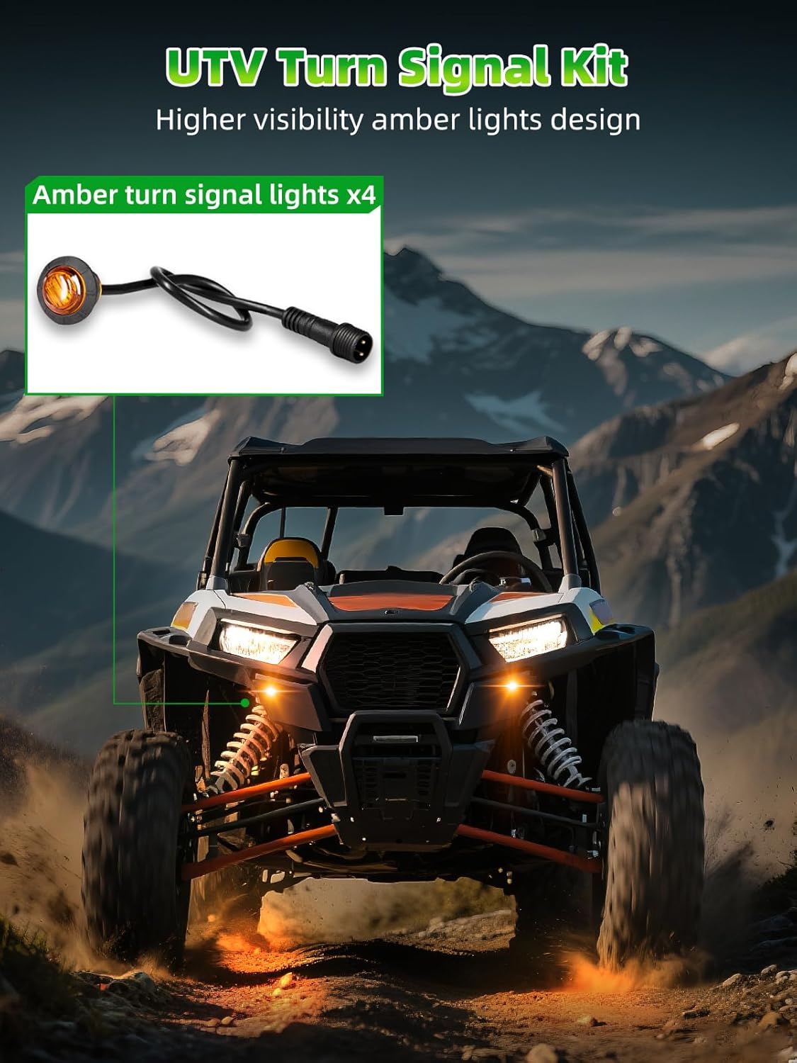 UTV Turn Signal Kit, Pre-Wired, Plug and Play Universal Street Legal UTV Blinker Kits with Rocker Switch, Hazard Light, 110dB Horn, Compatible with Polaris, Can-Am - 4Pods Amber Lights