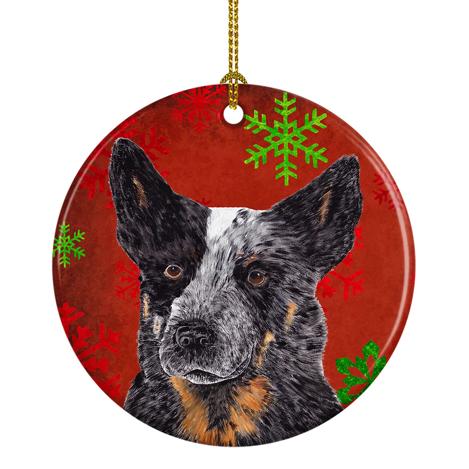 Caroline's Treasures Australian Cattle Dog Red Green Snowflakes Christmas Ceramic Ornament Christmas Tree Hanging Decorations for Home Christmas Holiday, Party, Gift, 3 in, Multicolor