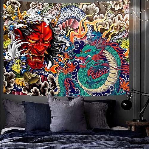Miniatura 8 de Aidatain Tapiz de dragón japonés Oni para colgar en la pared, tapiz estético de anime para hombres, dormitorio, sala de estar, tela de franela, 60