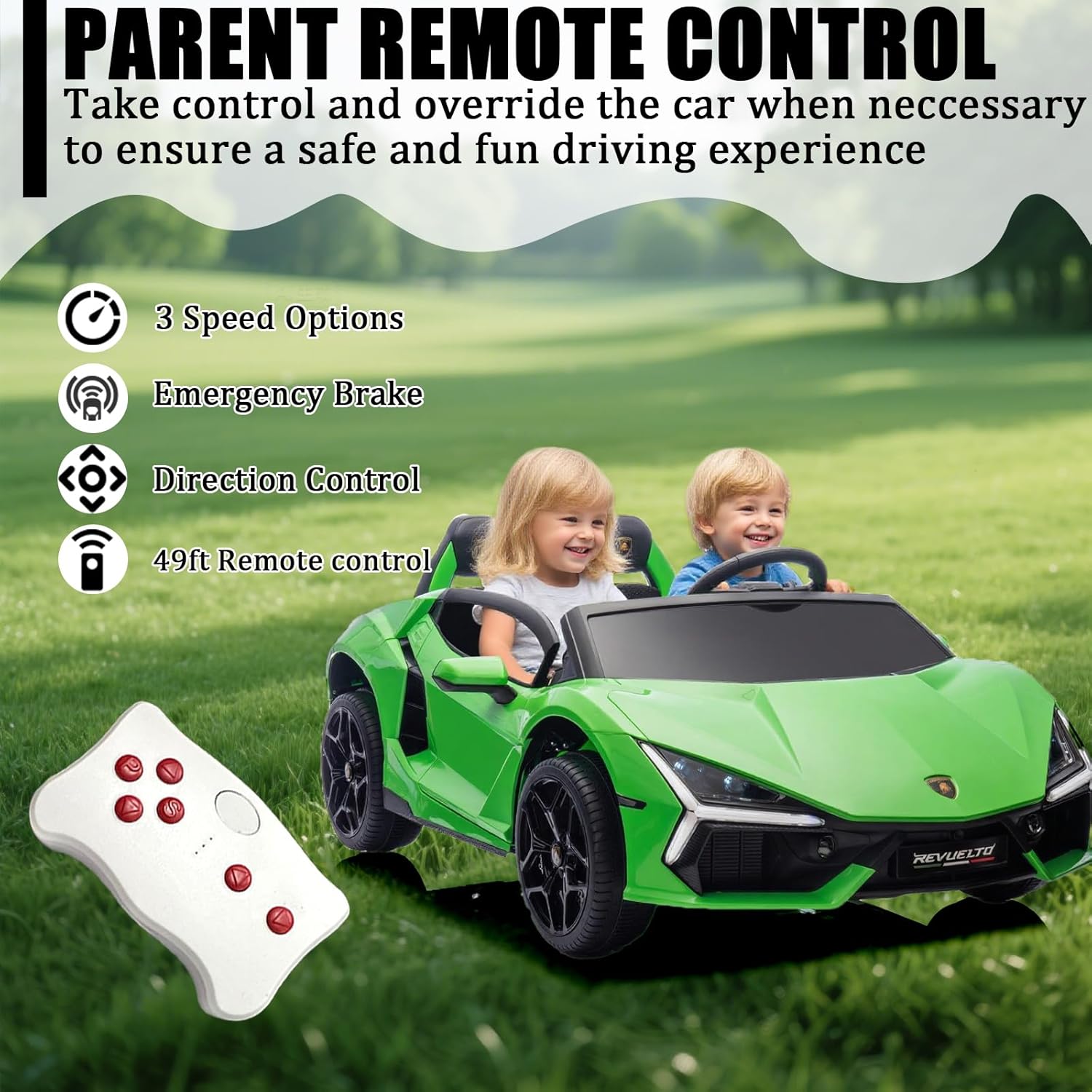 FINITO XXL Licensed Lamborghini 24V 4WD Kids Electric Car with Remote Control, Hydraulic Doors, LED Lights & Music, 2 Seater Ride on Toy for 3-8 Years Old (Green)