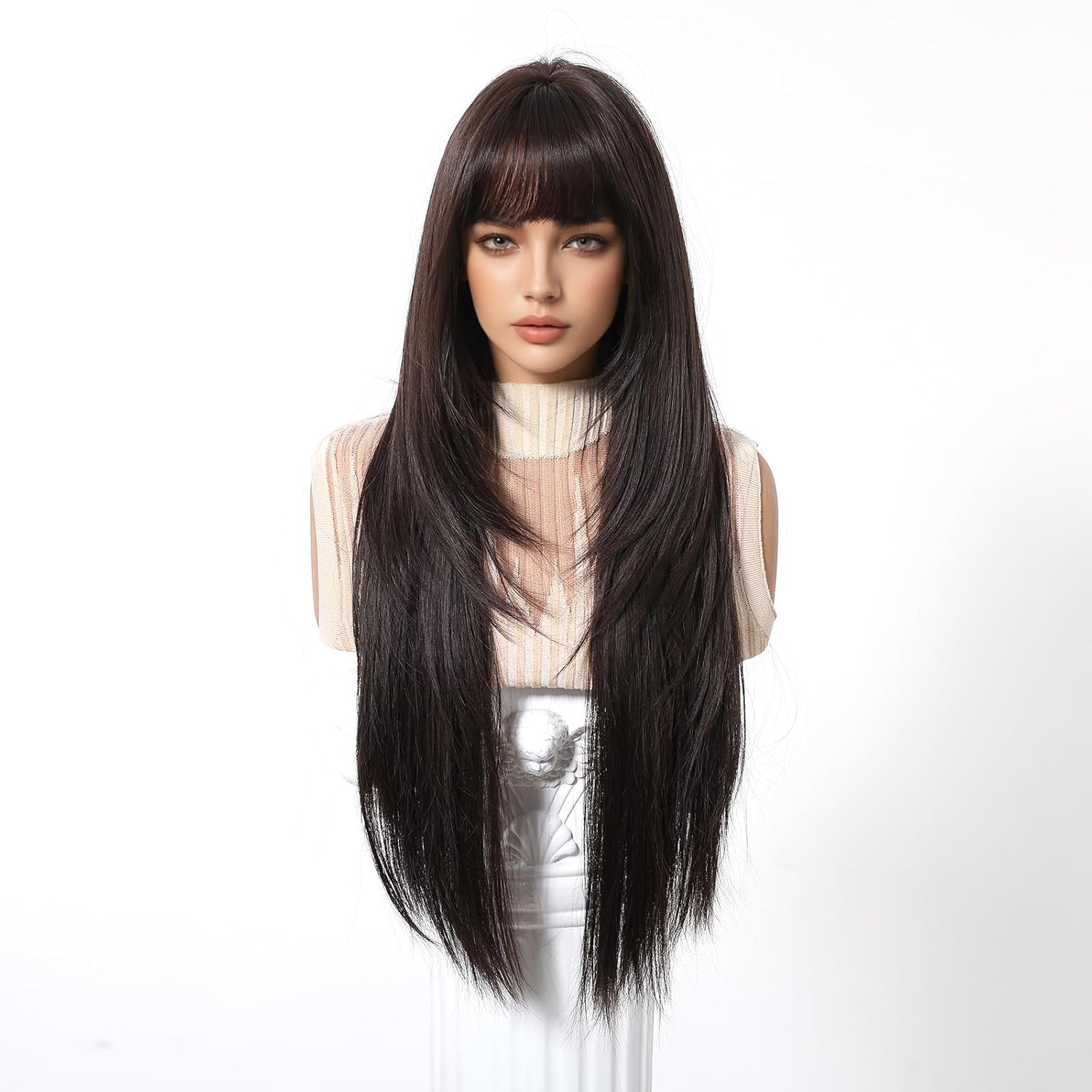 Dark Brown Synthetic Wig with Bangs Glueless Long Straight Layered Wigs for Women 28 Inch