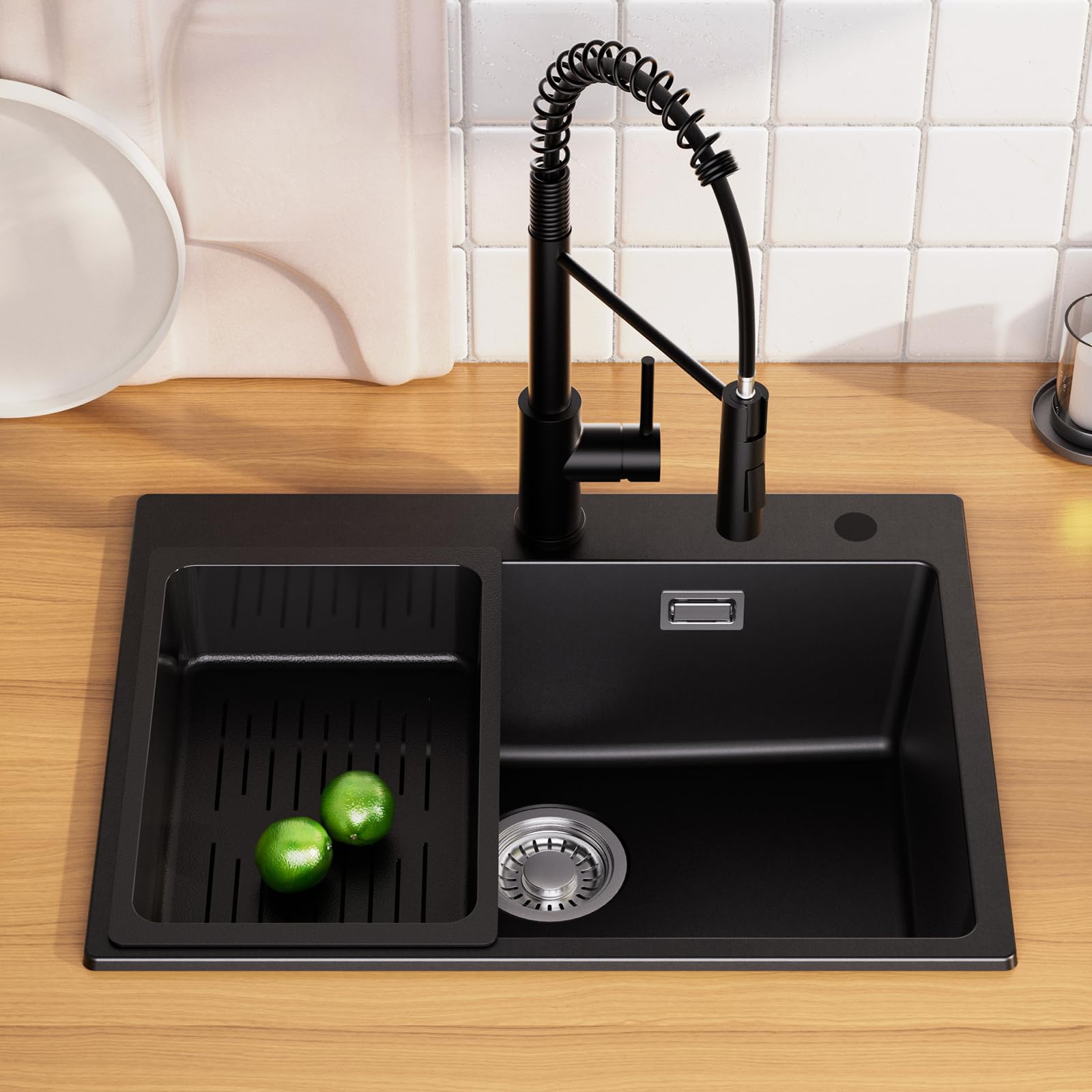 Set di lavello da cucina in granito nero, 60 x 45 cm, con miscelatore e rubinetto girevole a 360°, 2 tipi di getti