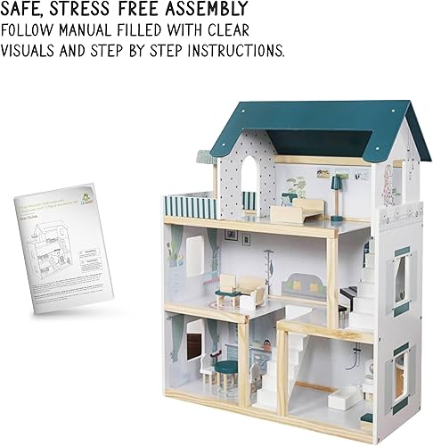 Miniatura 4 de Lil' Jumbl Casa de muñecas de madera para niños, accesorios y muebles de 17 piezas, con balcón y escaleras, juguete de casa de muñecas de 3 pisos