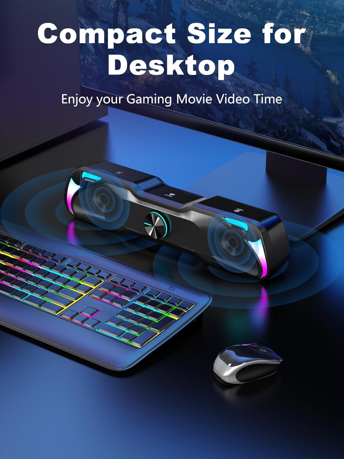 SPKPAL S135 Computer Soundbar placed compactly on a desktop next to a keyboard and mouse, illustrating its space-saving design.