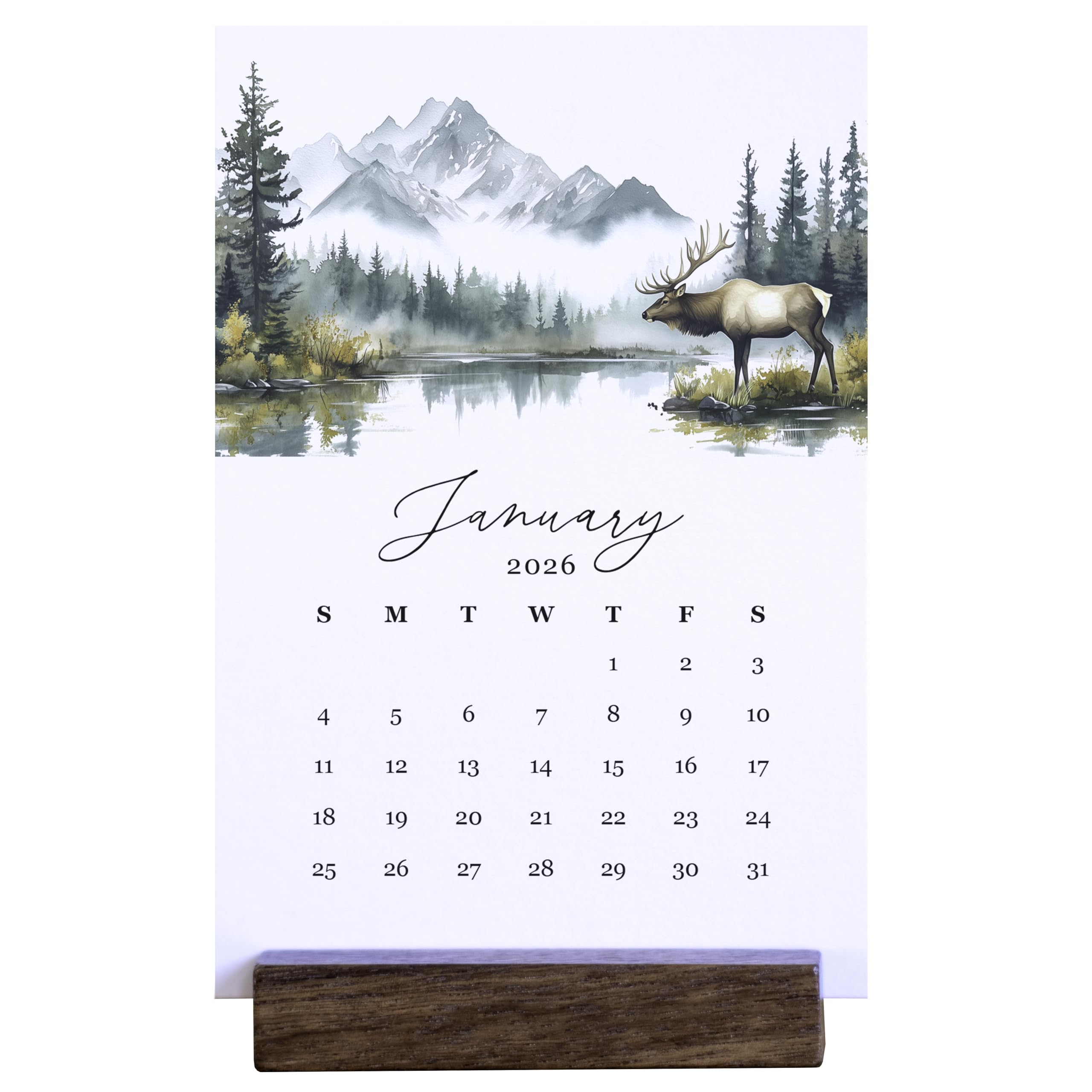 2026 Monthly Office Desk Calendar - Mountain Nature Scenes - Wood Stand - Annual 12 Month Calendar - 4” x 6” Cards – Minimalist Home Décor (Forests)