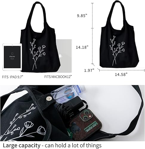 Miniatura 6 de KIEKIECOO Bolsa de lona negra estética personalizada personalizada reutilizable bolsas de comestibles florales arte compras bolsa de hombro