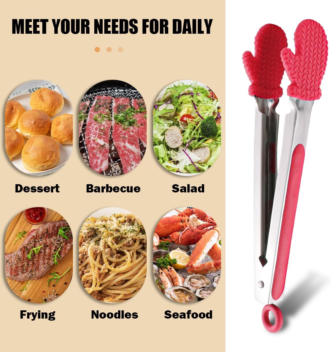 Kitchen Tongs for Cooking Non Stick Cooking Tongs Silicone Tongs Kitchen Tongs with Silicone Tips Stainless Steel Tongs (Red)