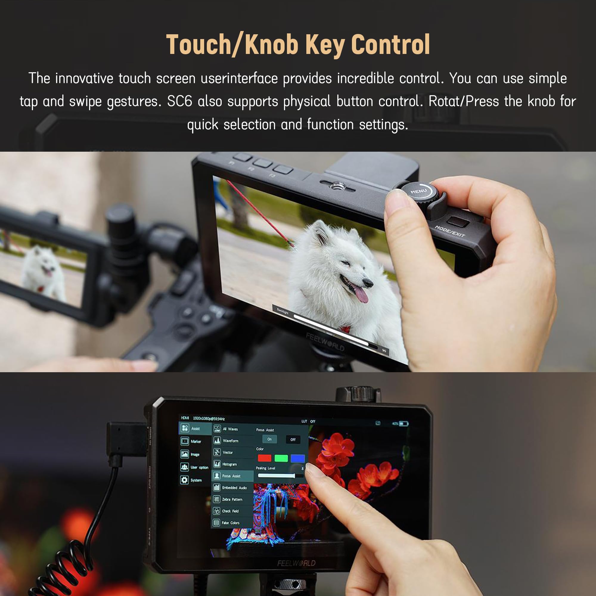 Feelworld SC6 6 Pollici Monitor di Terreno Touch Screen, 3D LUT, 1500nits,HDR,3G-SDI 4K HDMI DSLR Video Camera Monitor 1920x1080 Focus Peaking Histogramma