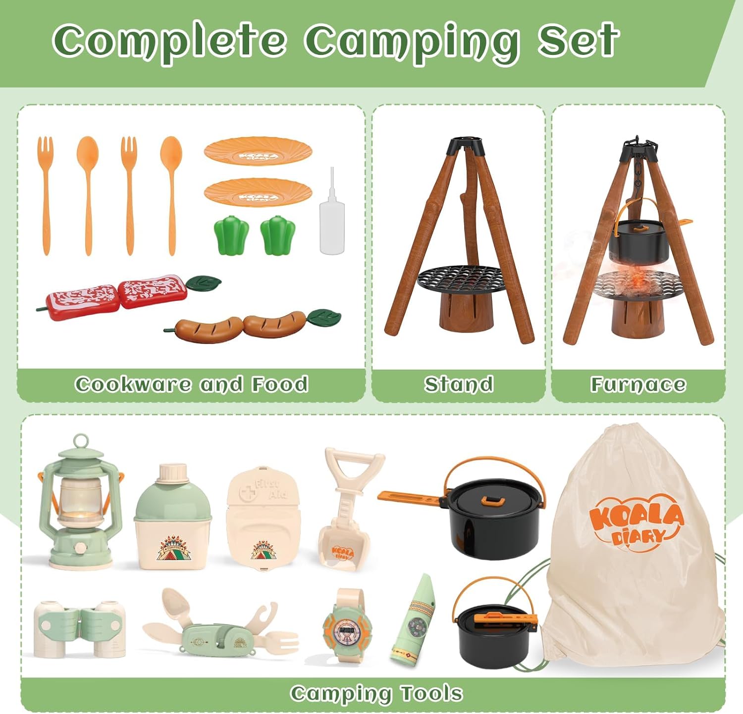 Kids Camping Toys Set - Pretend Play Camping Set with Food Toy, Spray Stove, Oil Lantern, Binoculars, Compass, Tableware, Watch & Storage Bag, Birthday for Ages 3+ - Image 4