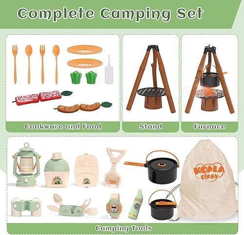 Miniatura 4 de Juego de juguetes de campamento para niños, juego de campamento con juguete de comida, estufa de aerosol, linterna de aceite, binoculares, brújula,