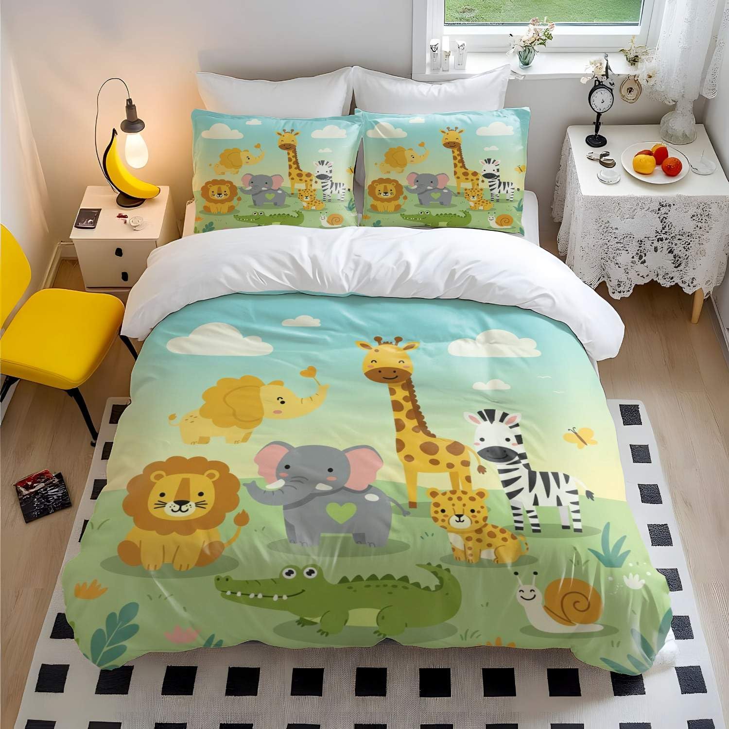 Housse de couette lion éléphant girafe 135 x 200 cm pour lit simple
