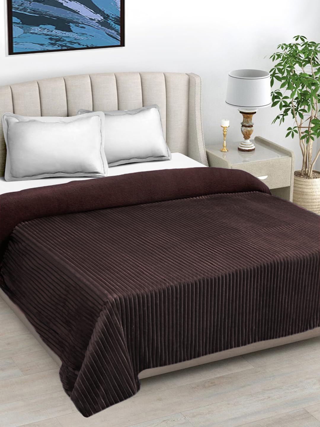 FABINALIV Brown Striped Winter 450 GSM Embossed Woollen Double Bed Comforter (230 x 220 CM) | 500 GSM Double Bed Blanket (FLCO-1041-Brown)-image-30