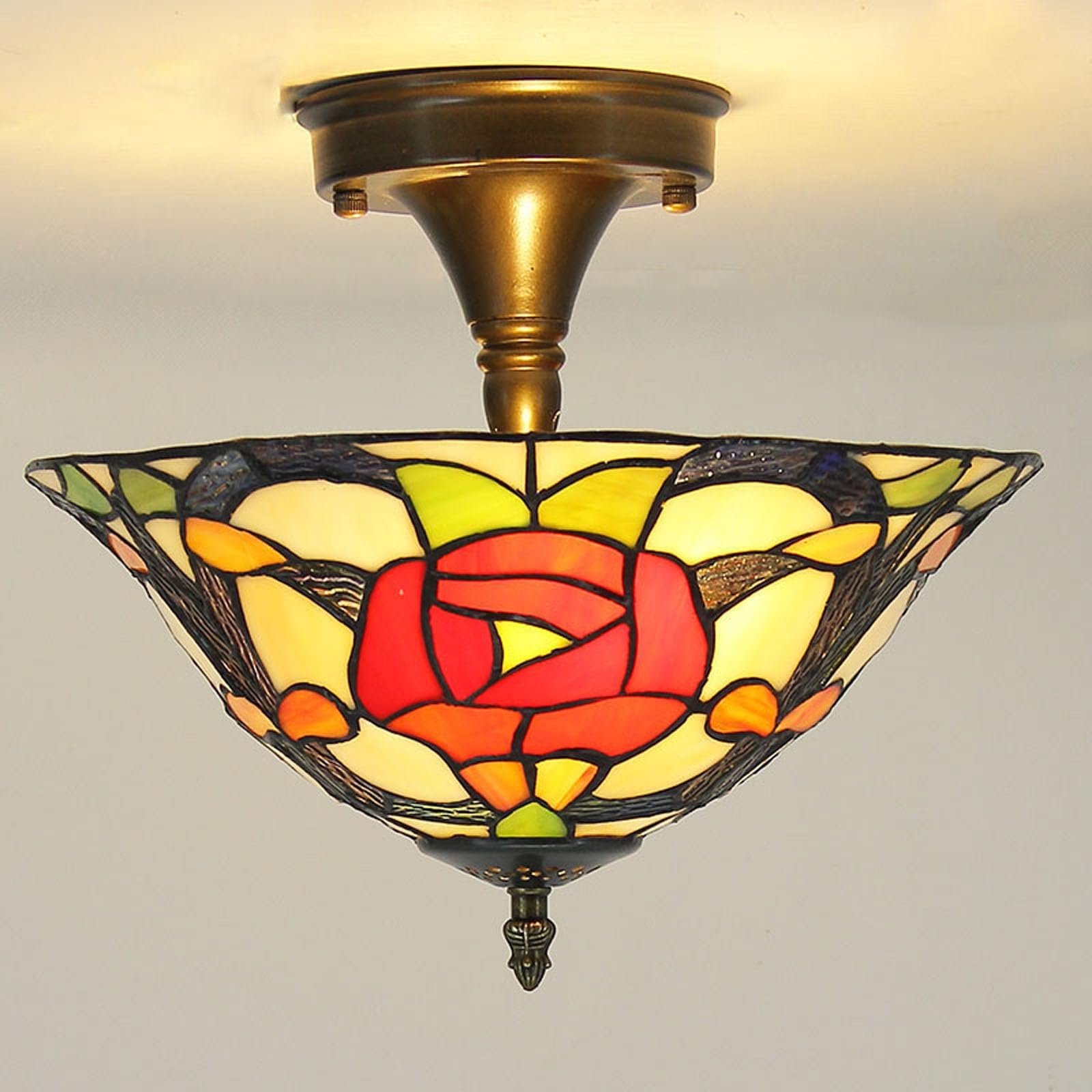 WDBZTJ Tiffany Style Ceiling Light Flush Mount, 12 inch Stained Glass Ceiling Lamp, E27 Bulb, Vintage LED Chandeliers for Living Room Bedroom(B1)