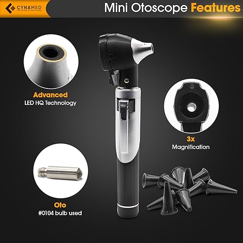 Miniatura 2 de Cynamed Mini otoscopio  Luz portátil para oídos y kit de examen para uso doméstico y profesional  Alcance de fibra óptica de aumento 4X con puntas