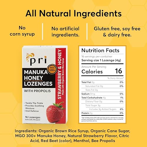 Miniatura 5 de PRI Manuka Pastillas de miel con propóleos, gotas calmantes para la tos y la garganta, certificado MGO 300+ (fresa, 16 unidades)