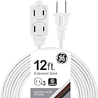GE 12 Ft 3-Outlet Extension Cord, 16 Gauge 2-Prong Power Strip with Twist Safety Covers, UL Listed Indoor White 51954