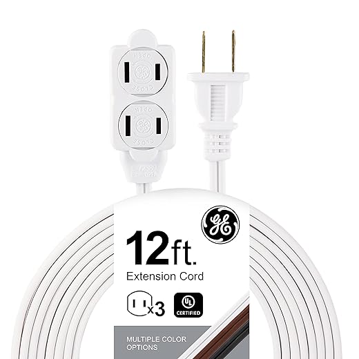 GE 3-Outlet Power Strip, 12 Ft Extension Cord, 2 Prong, 16 Gauge, Twist-to-Close Safety Outlet Covers, Indoor Rated, Perfect for Home, Office or Kitchen, UL Listed, White, 51954