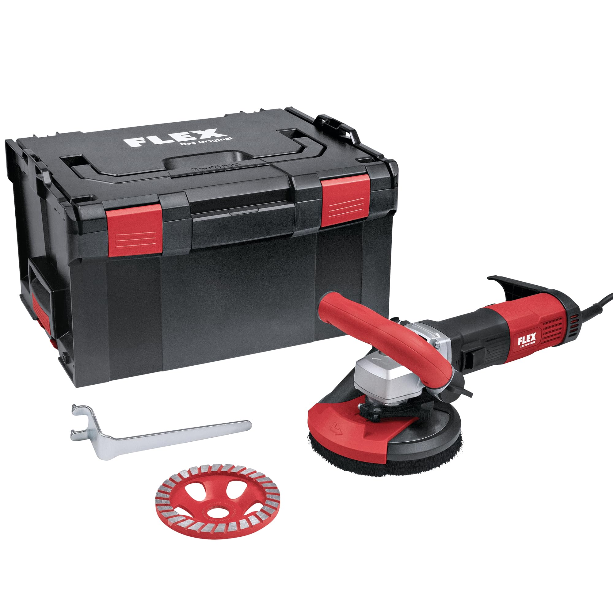 Flex Sanierungsschleifer LDE 16-8 125 R + Estrich-Jet (schwarz, rot, Sanierungsschleifer mit variabler Drehzahl für randnahes, staubfreies Schleifen, 125 mm, für Estrich, Putz und Beton) 513474