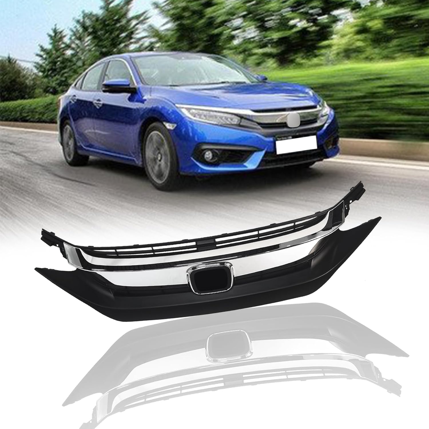 Front Bumper Upper Grille Compatible with 2016-2018 Honda Civic Chrome Front Hood Grill Guards Assembly 71121TBAA01, HO1200231