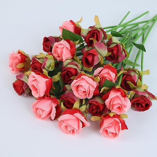 Ramo de flores de rosas artificiales rosas, 24 piezas pequeñas de seda falsa decoración floral para el hogar, oficina, centro de mesa, fiesta, ramo