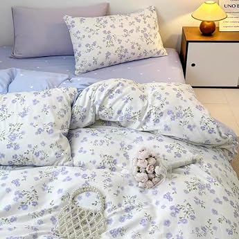 Freyamy Flower Bed Linen 135 x 200 cm Blue White Floral Hearts Bedding Set