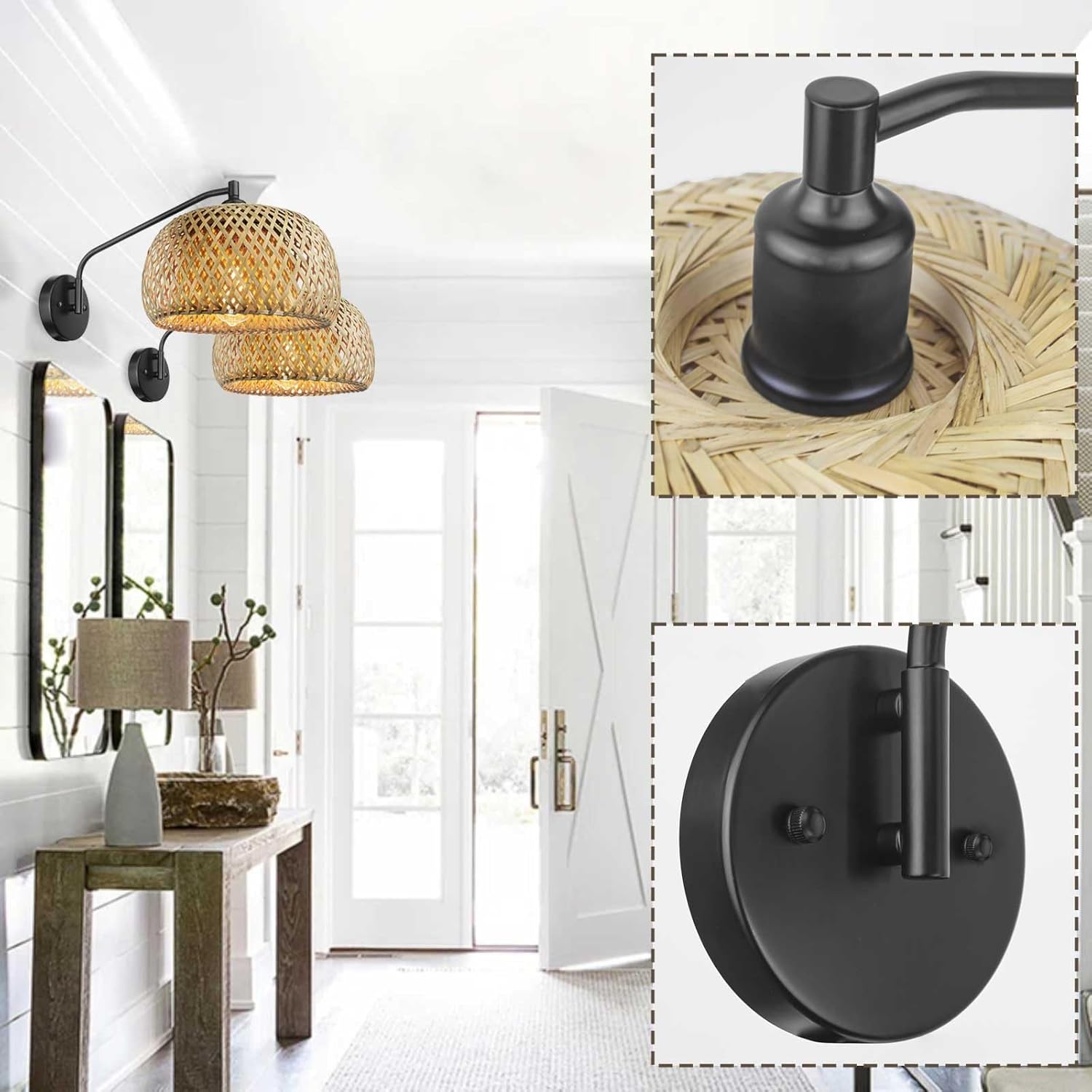 EE Eleven Master Natural Rattan Wall Sconce, Mini Bamboo Wall Light Fixture, Handmade Boho Rattan Light, Farmhouse Light Fixtures for Bedroom Kids Room Hallway Corridor