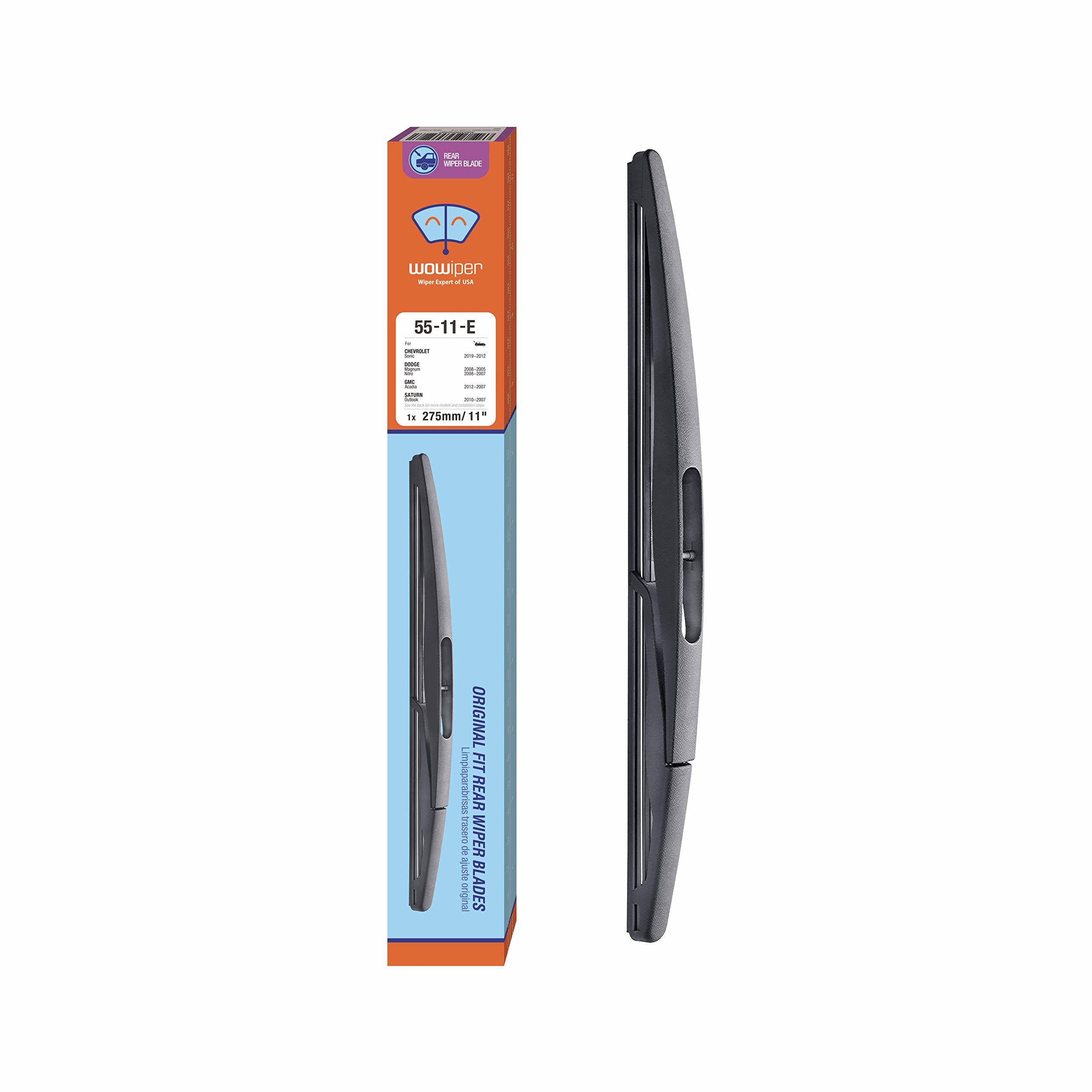 WOWIPER Rear Wiper Blade 11 inch (11-E), CLICK AND GO for GMC Acadia 2012-2007 /Chevrolet Sonic 2019-2012 /Dodge Nitro 2008-2007 Magnum 2008-2005 /Saturn Outlook 2010-2007 Back Windshield +More
