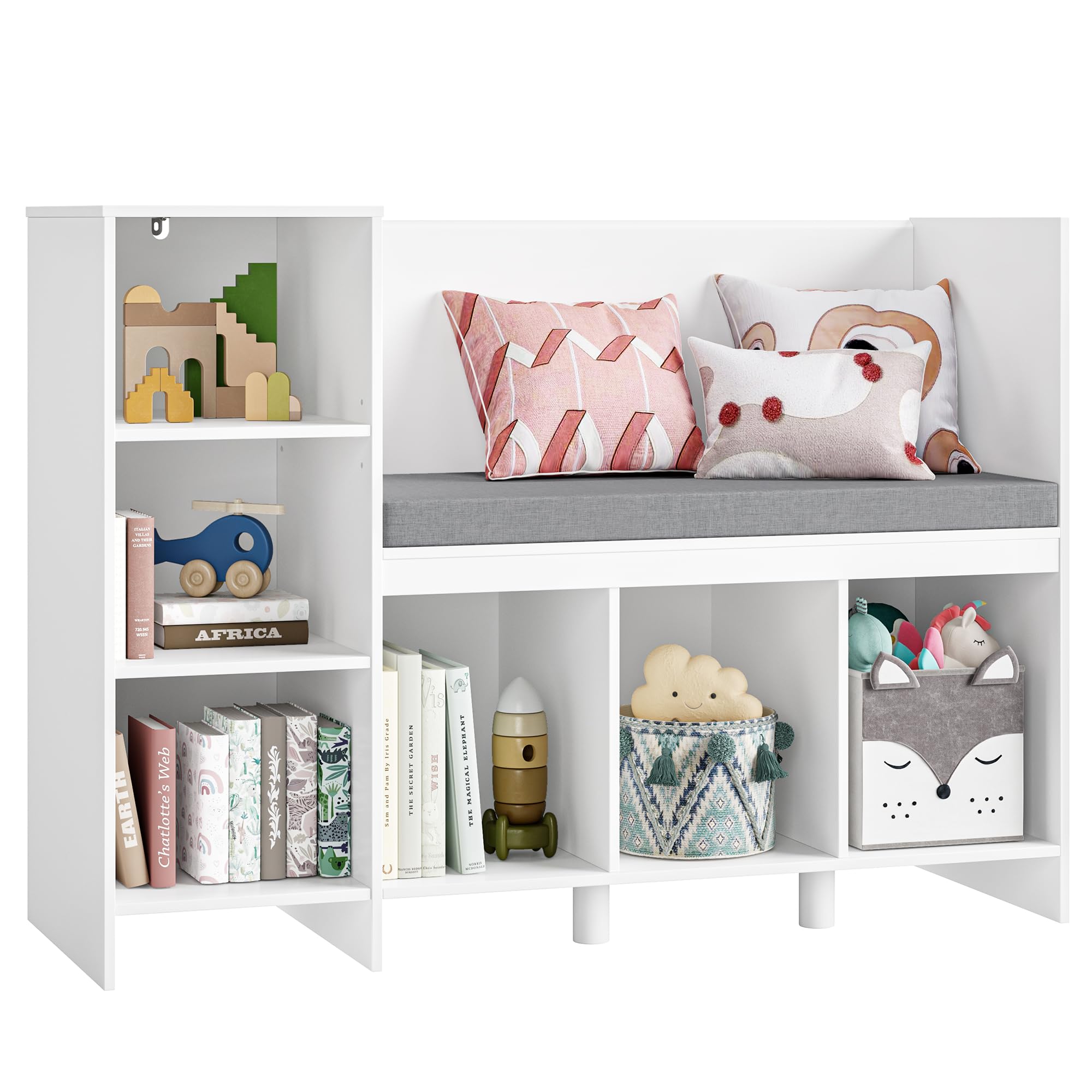 HOCSOK Bibliothèque Banc, Etagère pour Enfants avec 6 Compartiments de Rangement, Bibliothèque Enfant, Blanc, 80.5×40×110 cm