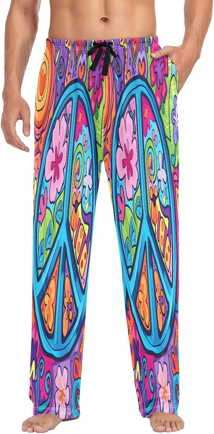 ALAZA Cute Peace Sign Men's Pajama Pants Men Cotton Pajama Bottoms with Pockets, S
