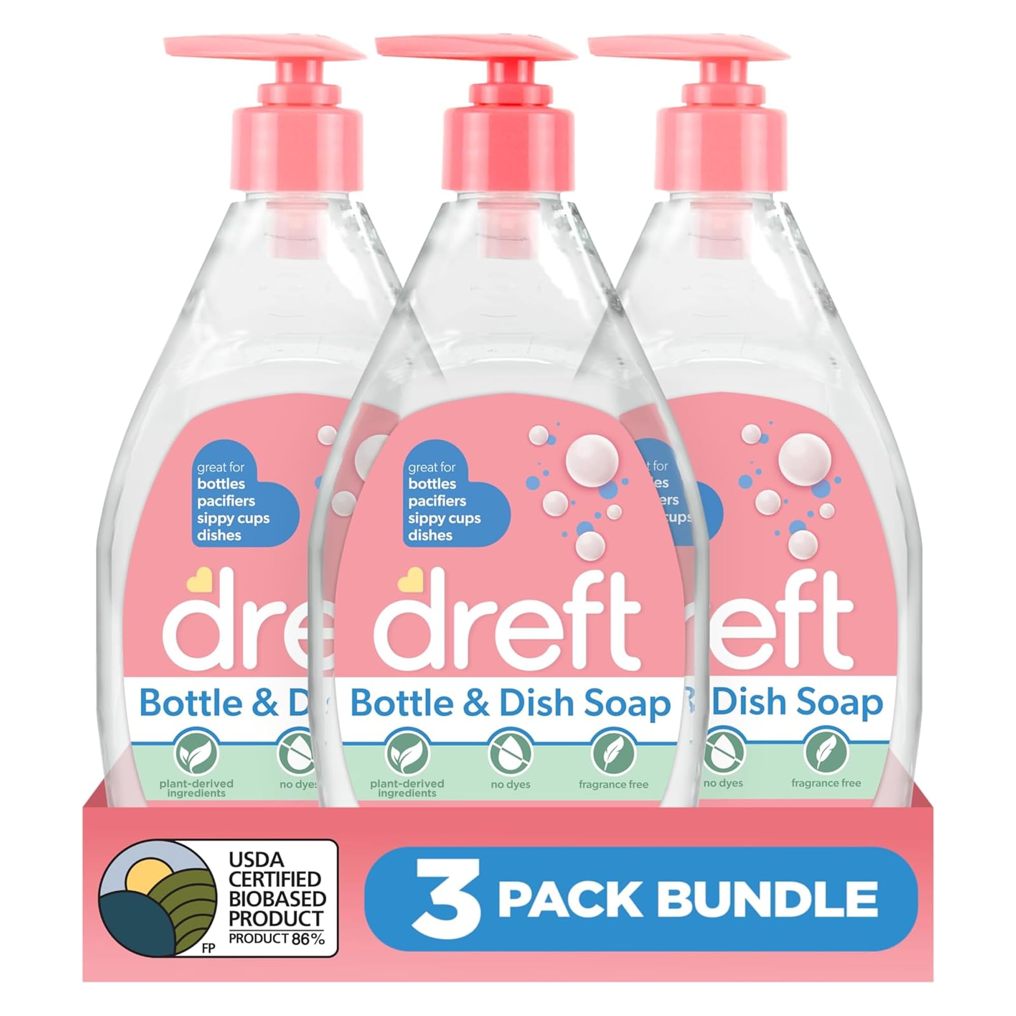 DREFT Bottle and Dish Soap | Made to Clean Baby Bottles, Sippy Cups, Pacifiers, Breast Pumps, &amp; More | Gently Removes Milk Film &amp; Odors | Plant Based, Fragrance Free Dish Soap | 18 Fl Oz (Pack of 3)